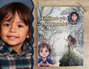 Niño sonriente con su cuento personalizado ambientado en la selva amazónica, con su foto y nombre en la portada.