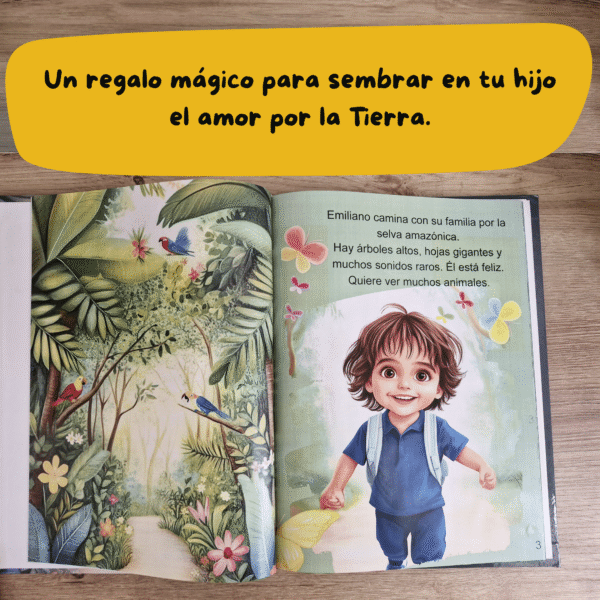 Segunda vista del libro abierto con escenas de animales, árboles y valores ecológicos para niños.