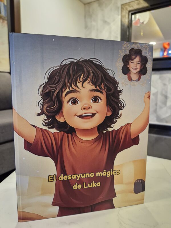 Portada del cuento personalizado "El desayuno mágico" con ilustración y nombre del niño