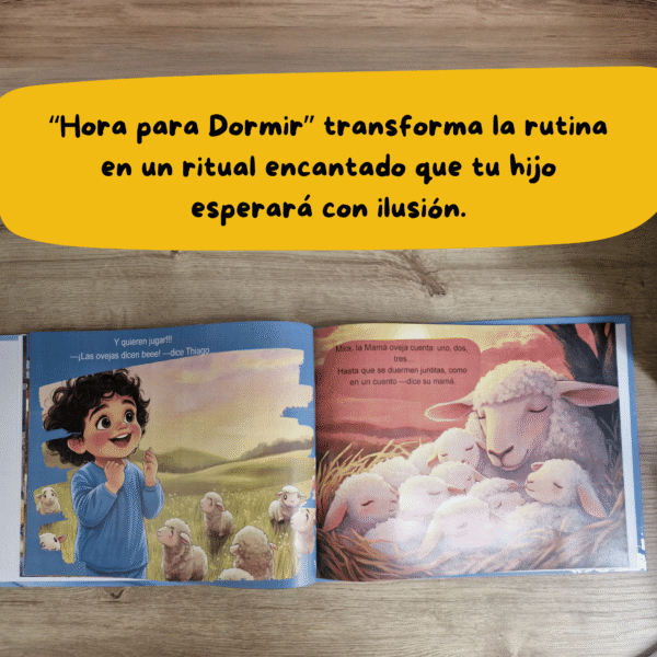 Libro abierto "Hora de Dormir", mostrando ilustraciones personalizadas y texto adaptado al niño