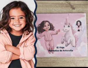 Foto de un niño sosteniendo su libro personalizado de My Magical Tale, mostrando la portada con su foto y nombre.