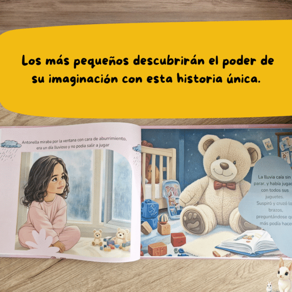 Doble página del libro infantil personalizado mostrando una escena del viaje mágico junto al unicornio Luno.