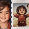 Niño feliz sosteniendo su libro personalizado "El desayuno mágico" con su foto en la portada