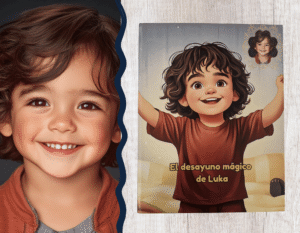Niño feliz sosteniendo su libro personalizado "El desayuno mágico" con su foto en la portada