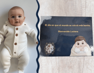 Niño real junto al libro personalizado con su historia de nacimiento — un recuerdo único y tierno.