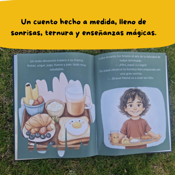 Páginas del cuento personalizado "El desayuno mágico" mostrando escenas interactivas