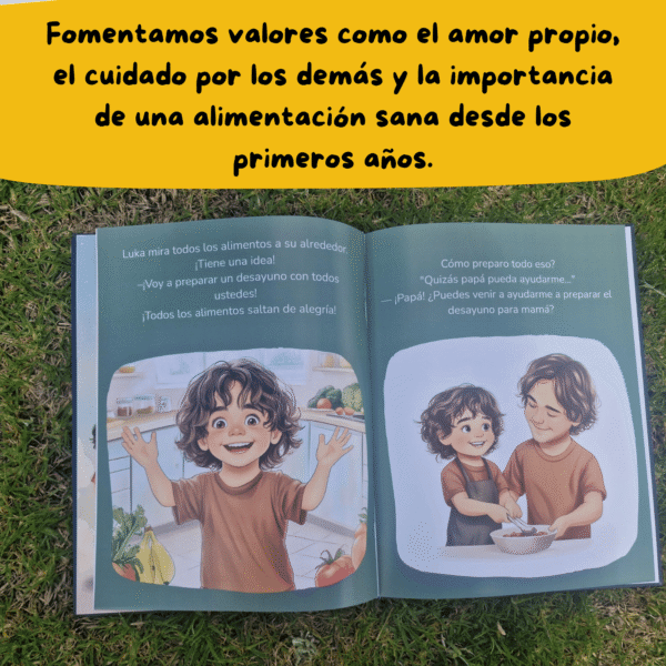 Interior del libro personalizado con páginas ilustradas llenas de colores y personajes mágicos