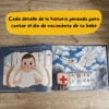Libro personalizado abierto mostrando las páginas con los detalles del nacimiento del bebé.