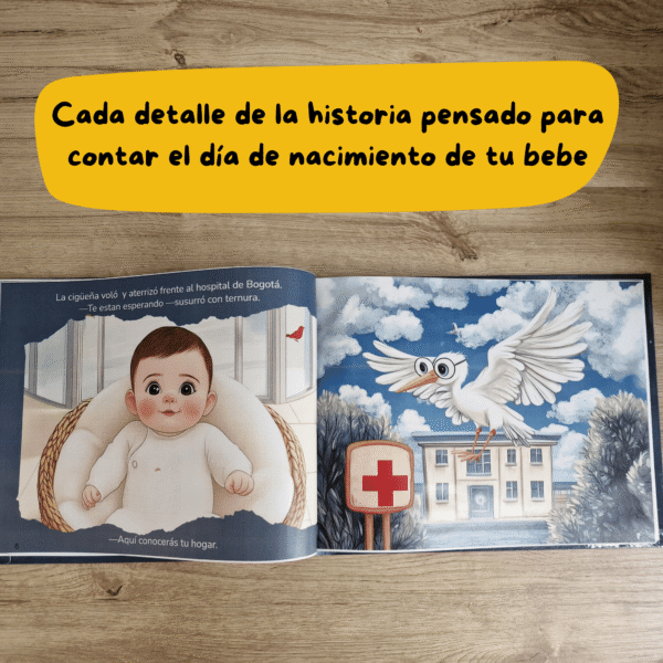 Libro personalizado abierto mostrando las páginas con los detalles del nacimiento del bebé.