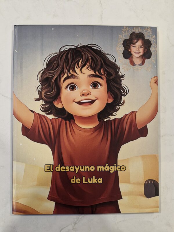 Portada del cuento personalizado "El desayuno mágico" con ilustración y nombre del niño