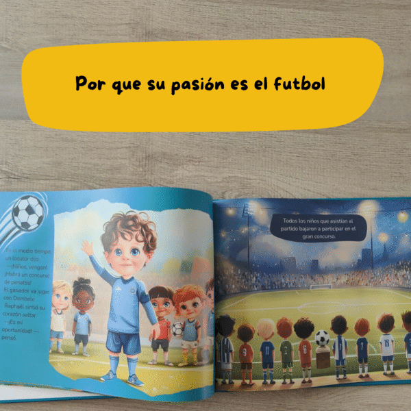 Escena del cuento donde el niño participa en el concurso de penaltis dentro del estadio