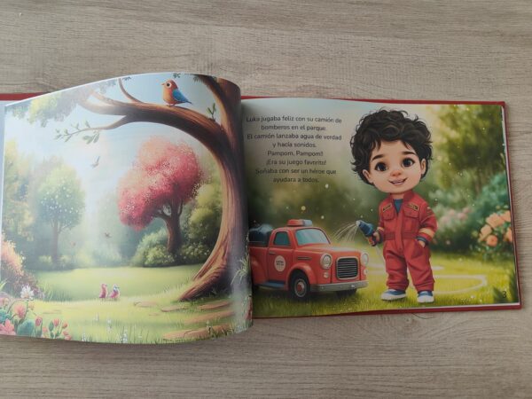 Páginas del libro personalizado "El Pequeño Bombero" con escenas llenas de acción y valores