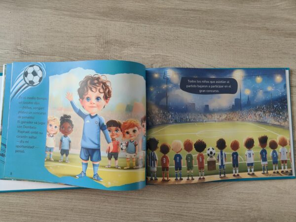 Libro abierto con ilustraciones coloridas de fútbol en el cuento "La Magia del Estadio"