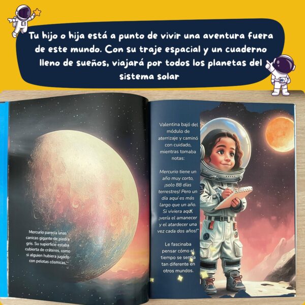 paginas-interiores-libro-espacial-planetas-y-aventura Ilustraciones del cuento mostrando el sistema solar y paisajes espaciales llenos de color