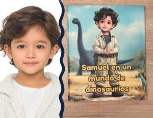 Portada del cuento personalizado “Mundo de Dinosaurios” con temática prehistórica y educativa